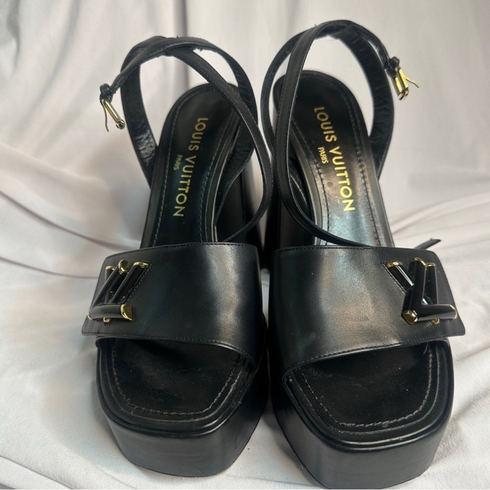 Louis Vuitton Black chunky Heels with Gold Accents - Picture 2 of 5